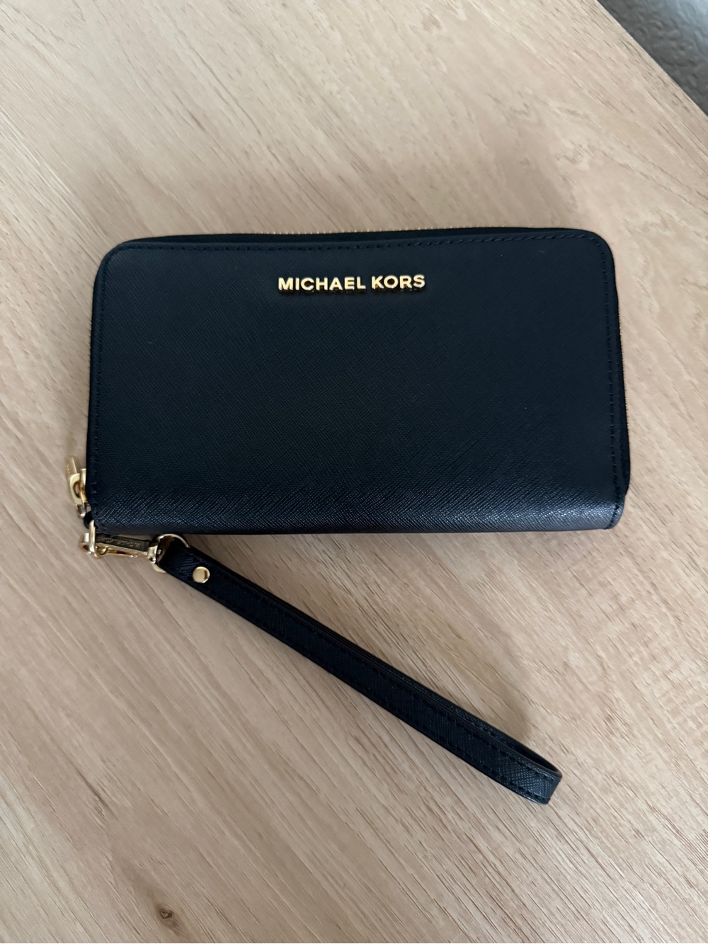 Michael Kors Black Leather Wristlet with Gold Hardware